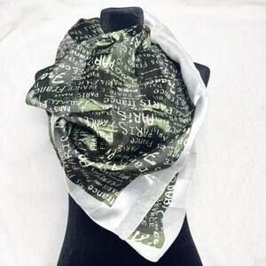 Paris France Black Green Ivory Silky Neck Scarf Neckerchief Striped Satin